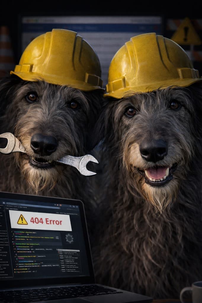 Two dogs in hard hats fixing a website